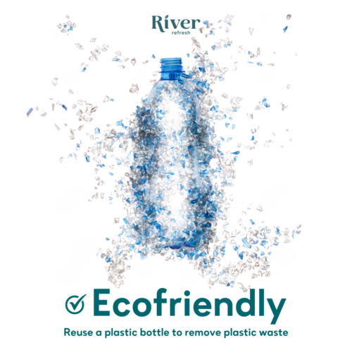 A poster of river water bottle with the words " ecofriendly " underneath it.